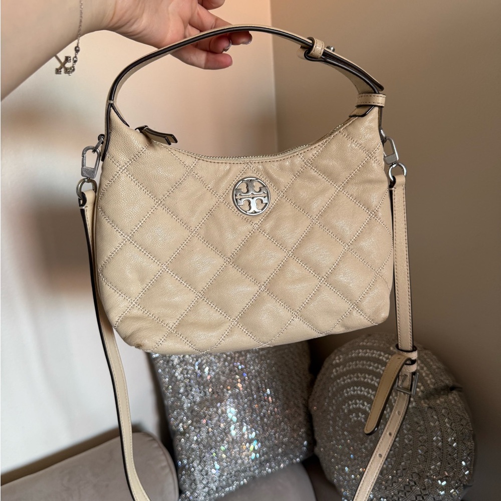 Tory Burch Quilted Beige Leather Shoulder Bag with Logo